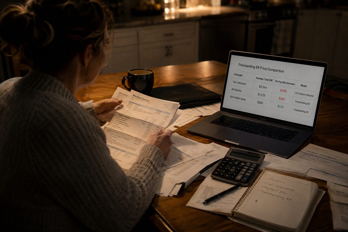 Woman reviewing medical bills at a kitchen table at night, laptop showing a price comparison