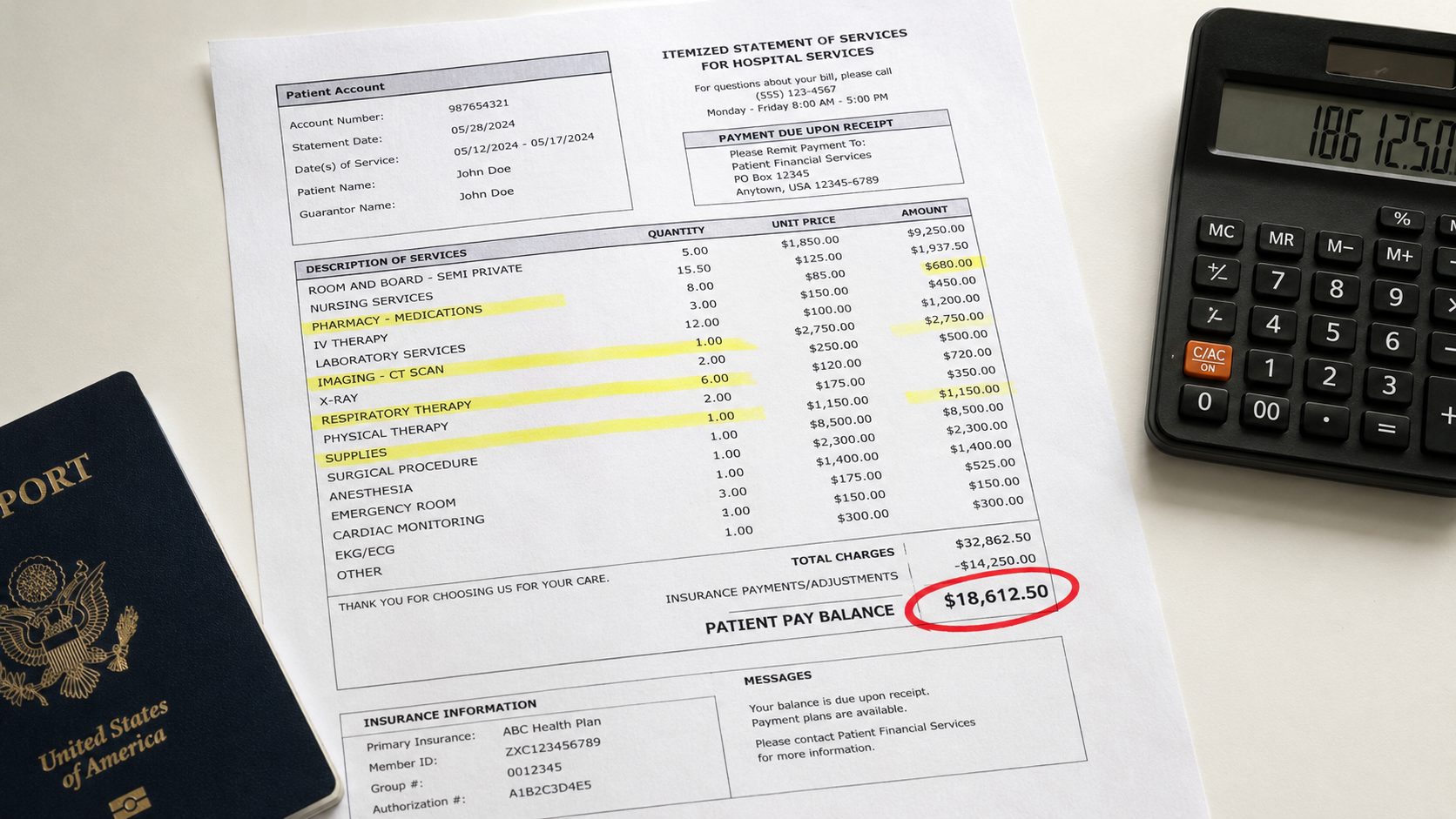 Itemized hospital bill with an $18,612.50 patient balance circled in red next to a calculator